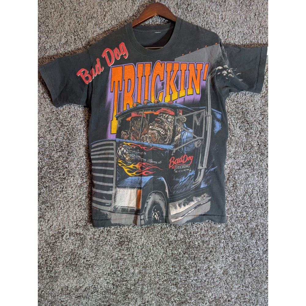 Vintage Bad Dog Trucking T-Shirt Mens M Black Good All Over Print 90s Trucker